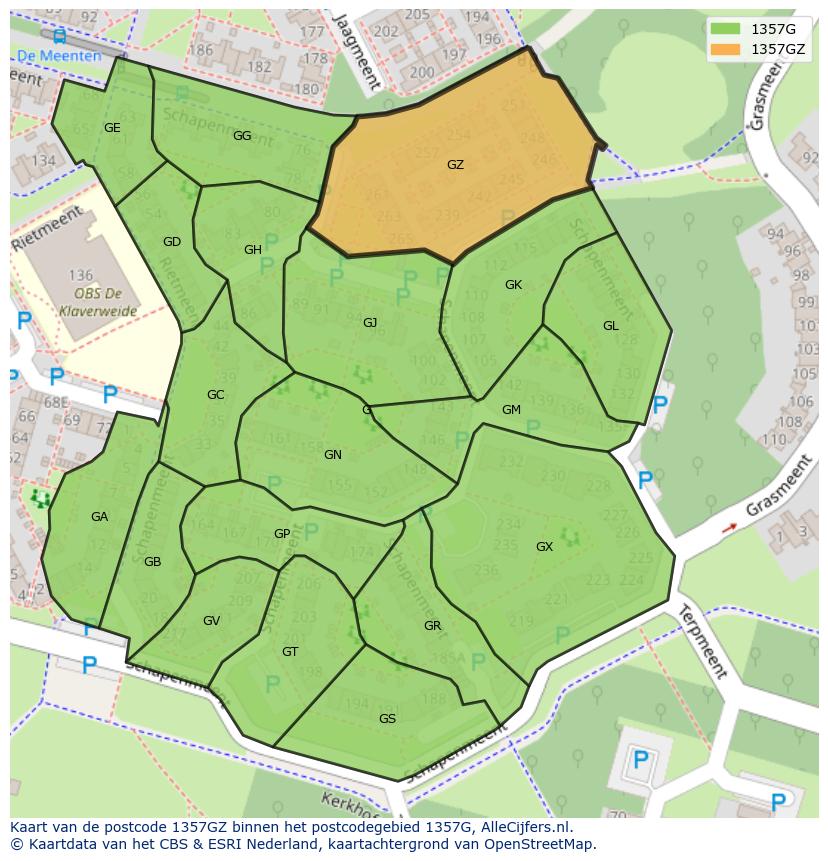 Afbeelding van het postcodegebied 1357 GZ op de kaart.