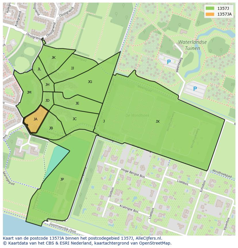 Afbeelding van het postcodegebied 1357 JA op de kaart.