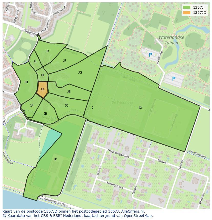 Afbeelding van het postcodegebied 1357 JD op de kaart.
