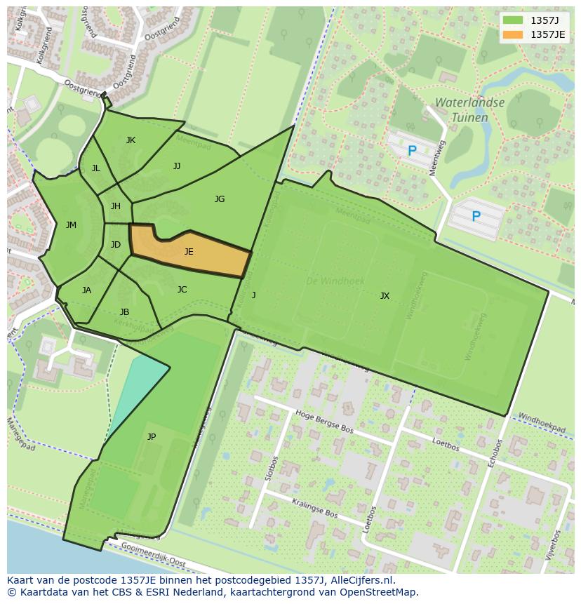Afbeelding van het postcodegebied 1357 JE op de kaart.