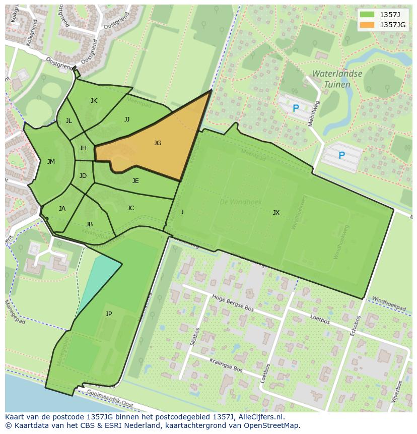 Afbeelding van het postcodegebied 1357 JG op de kaart.
