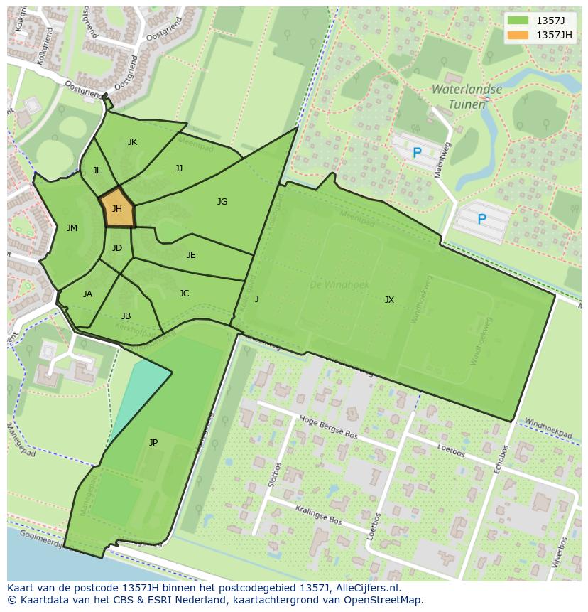 Afbeelding van het postcodegebied 1357 JH op de kaart.