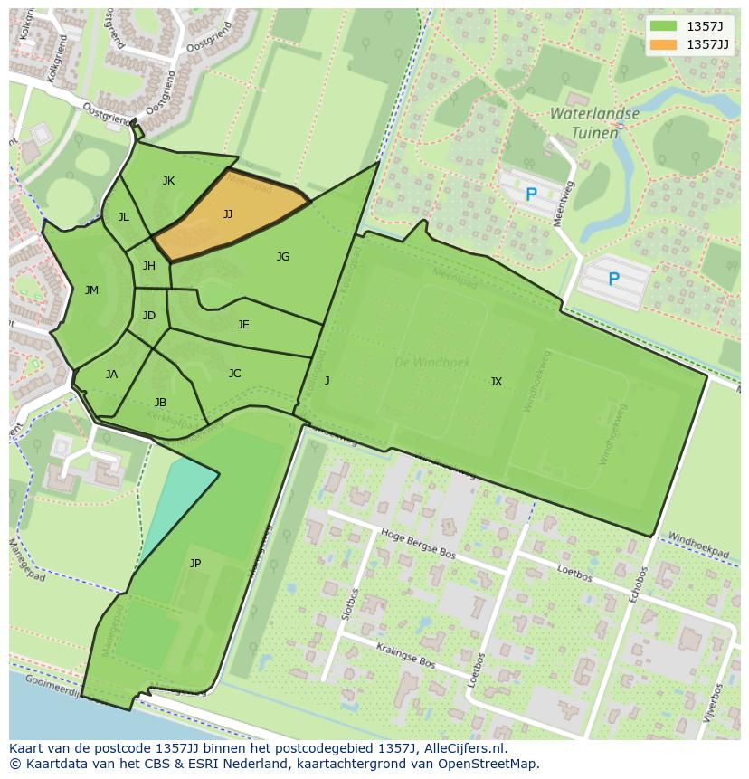 Afbeelding van het postcodegebied 1357 JJ op de kaart.