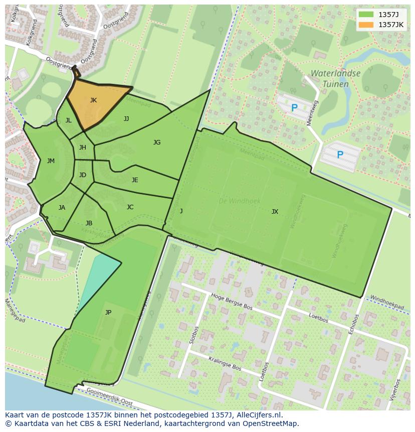 Afbeelding van het postcodegebied 1357 JK op de kaart.