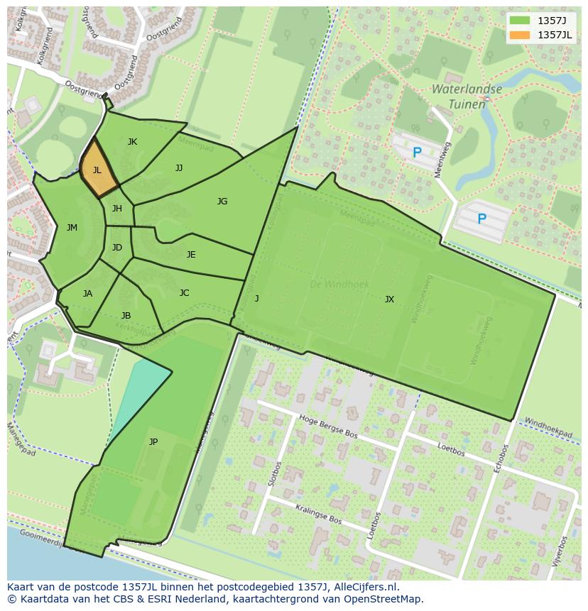 Afbeelding van het postcodegebied 1357 JL op de kaart.
