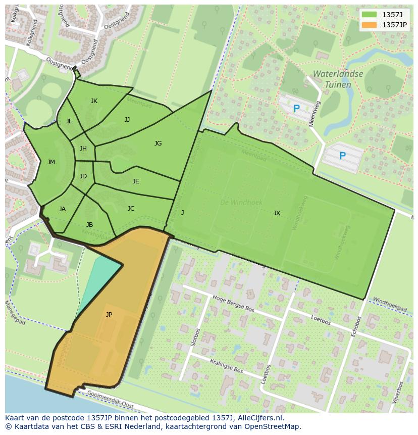 Afbeelding van het postcodegebied 1357 JP op de kaart.