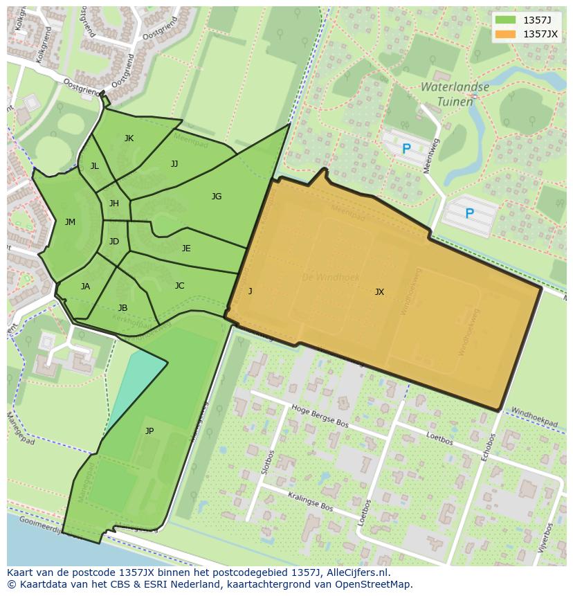 Afbeelding van het postcodegebied 1357 JX op de kaart.