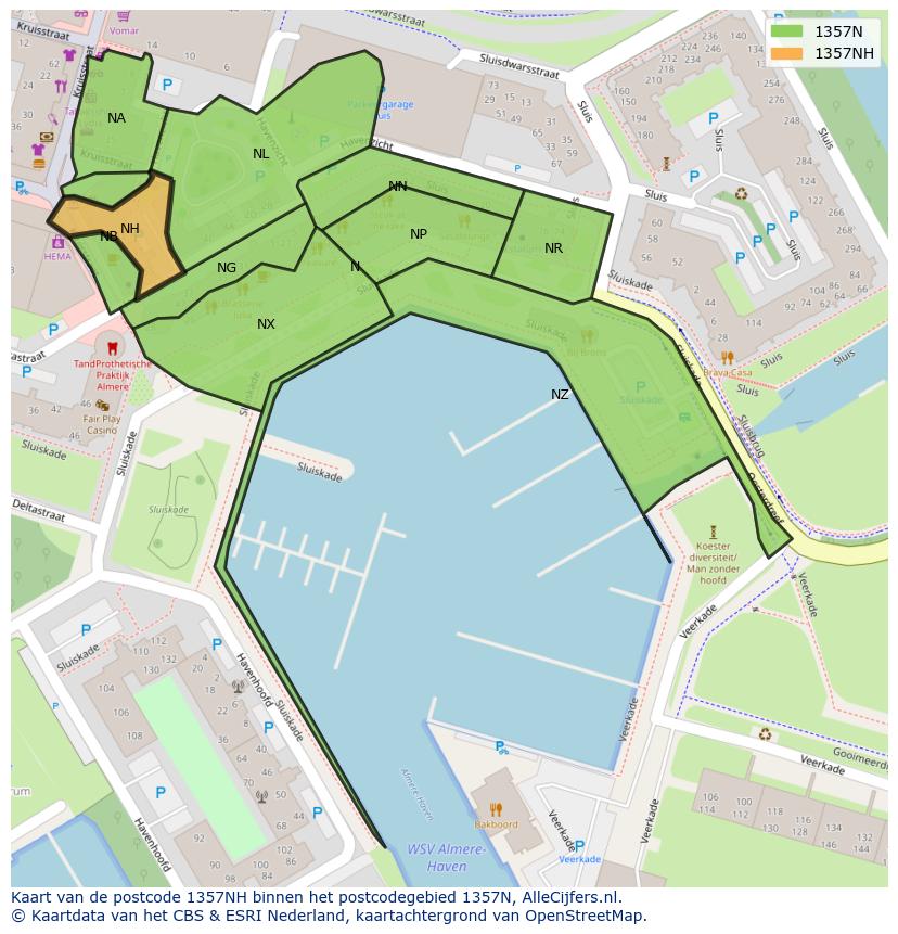 Afbeelding van het postcodegebied 1357 NH op de kaart.