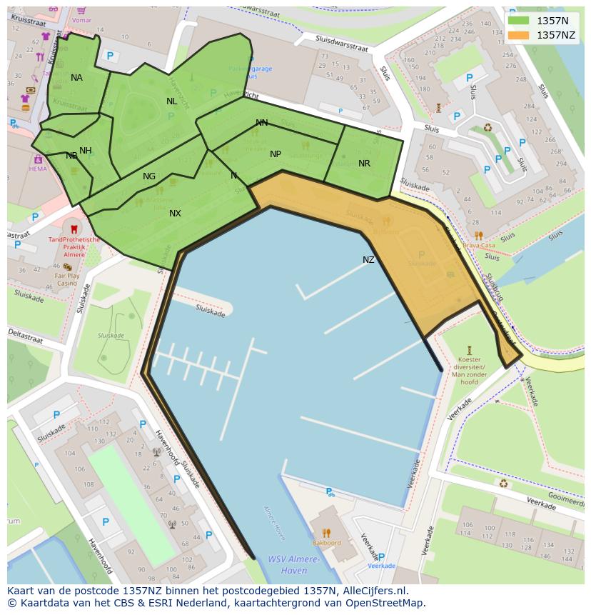 Afbeelding van het postcodegebied 1357 NZ op de kaart.