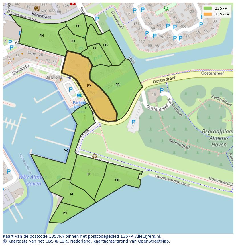 Afbeelding van het postcodegebied 1357 PA op de kaart.