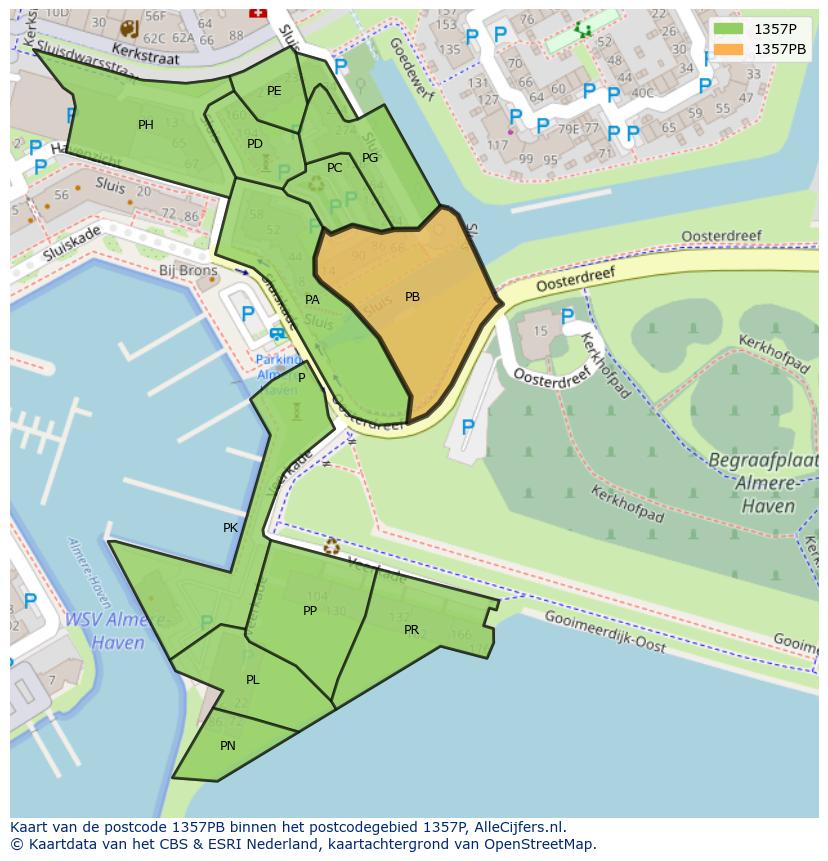 Afbeelding van het postcodegebied 1357 PB op de kaart.