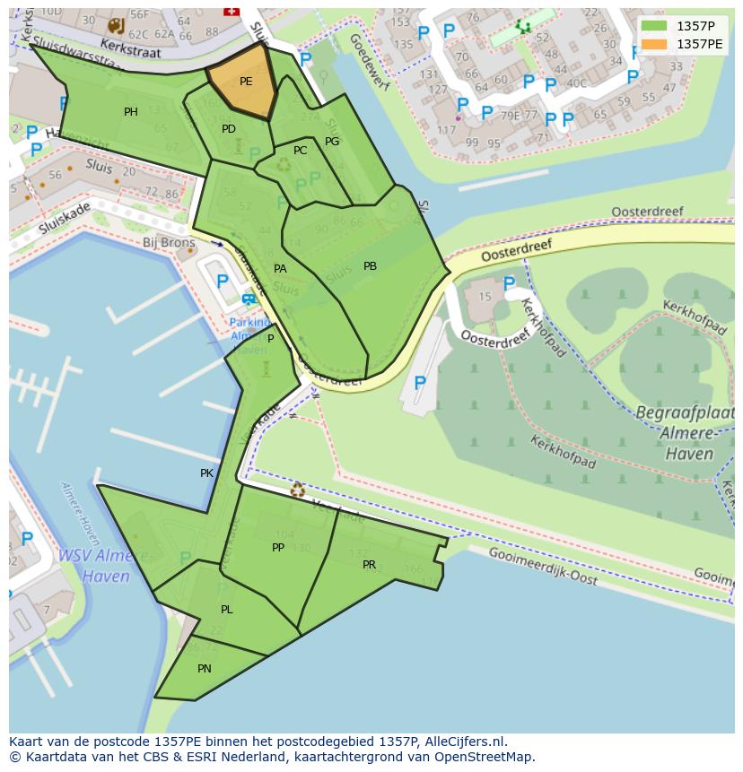 Afbeelding van het postcodegebied 1357 PE op de kaart.