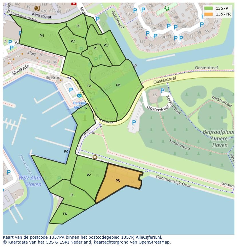 Afbeelding van het postcodegebied 1357 PR op de kaart.