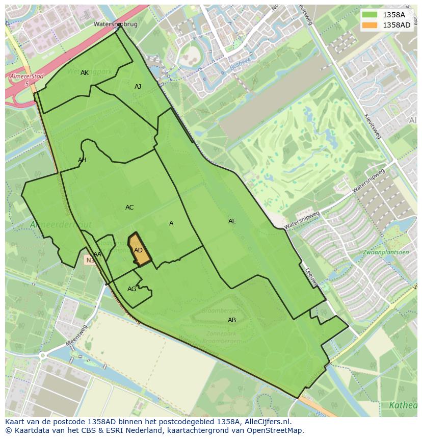Afbeelding van het postcodegebied 1358 AD op de kaart.