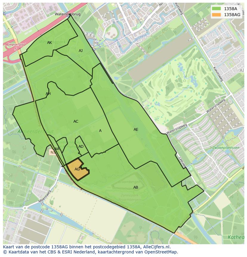 Afbeelding van het postcodegebied 1358 AG op de kaart.