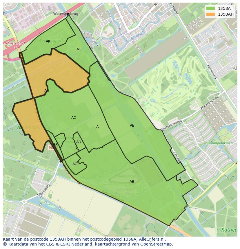 Afbeelding van het postcodegebied 1358 AH op de kaart.