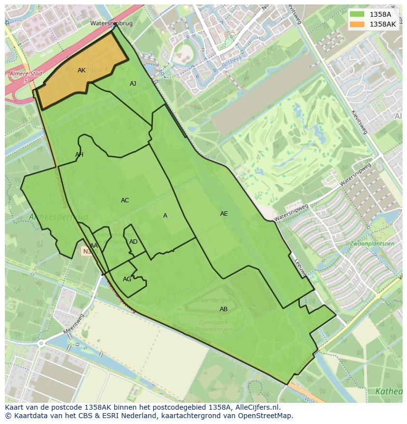 Afbeelding van het postcodegebied 1358 AK op de kaart.