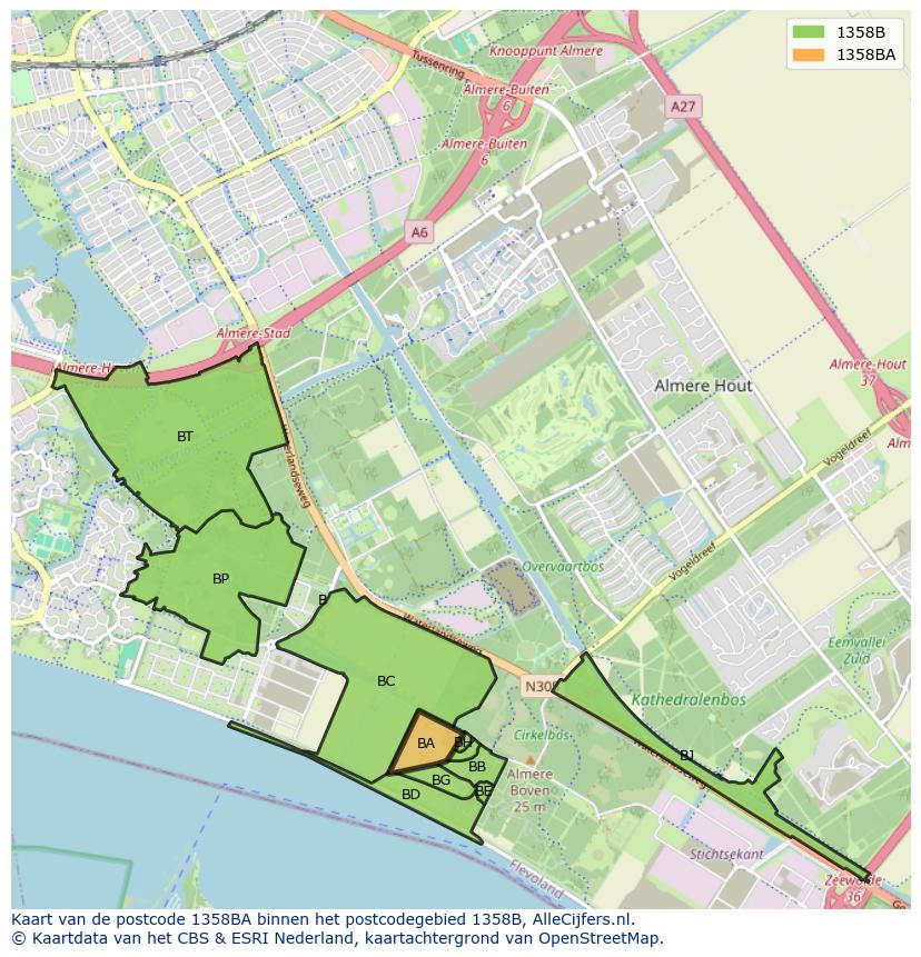 Afbeelding van het postcodegebied 1358 BA op de kaart.
