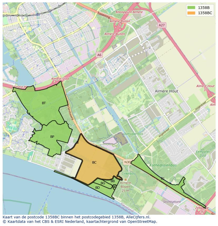 Afbeelding van het postcodegebied 1358 BC op de kaart.