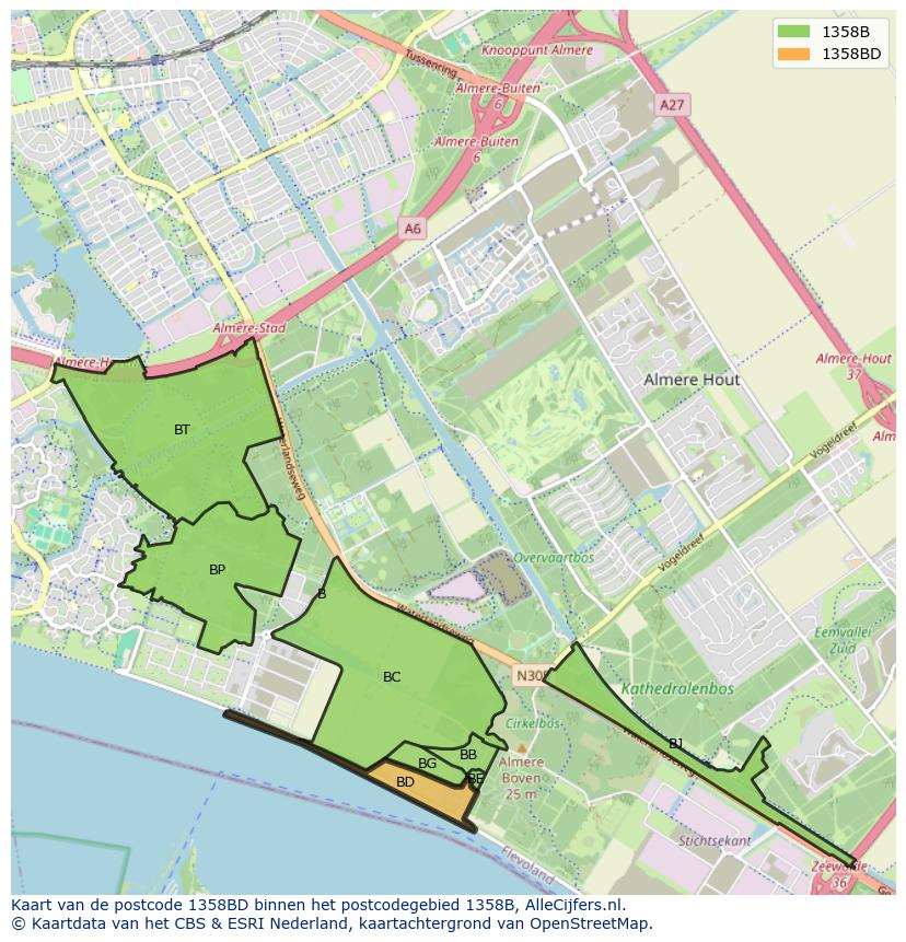 Afbeelding van het postcodegebied 1358 BD op de kaart.