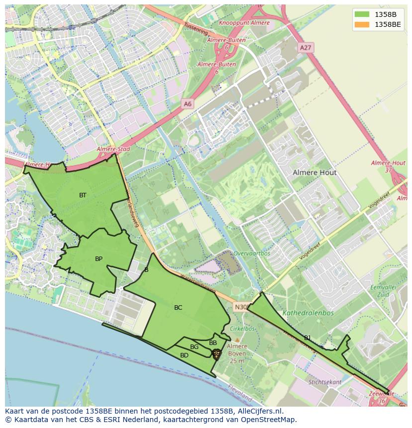 Afbeelding van het postcodegebied 1358 BE op de kaart.