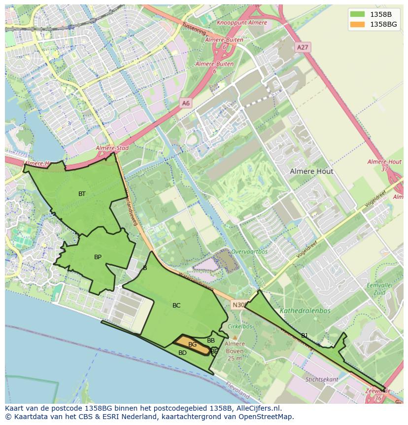 Afbeelding van het postcodegebied 1358 BG op de kaart.