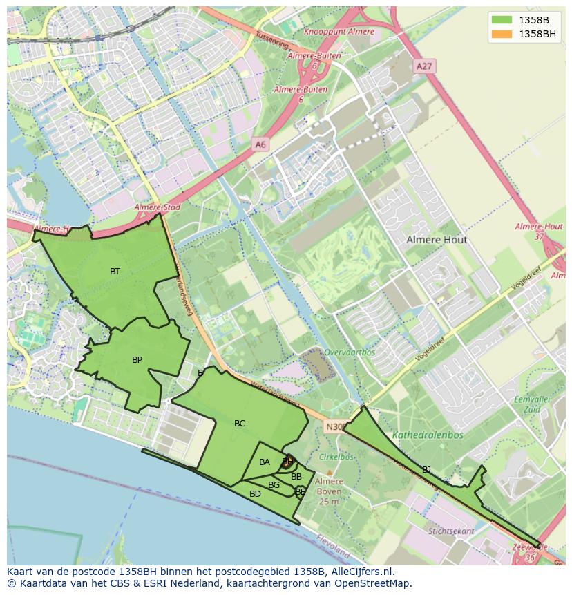 Afbeelding van het postcodegebied 1358 BH op de kaart.