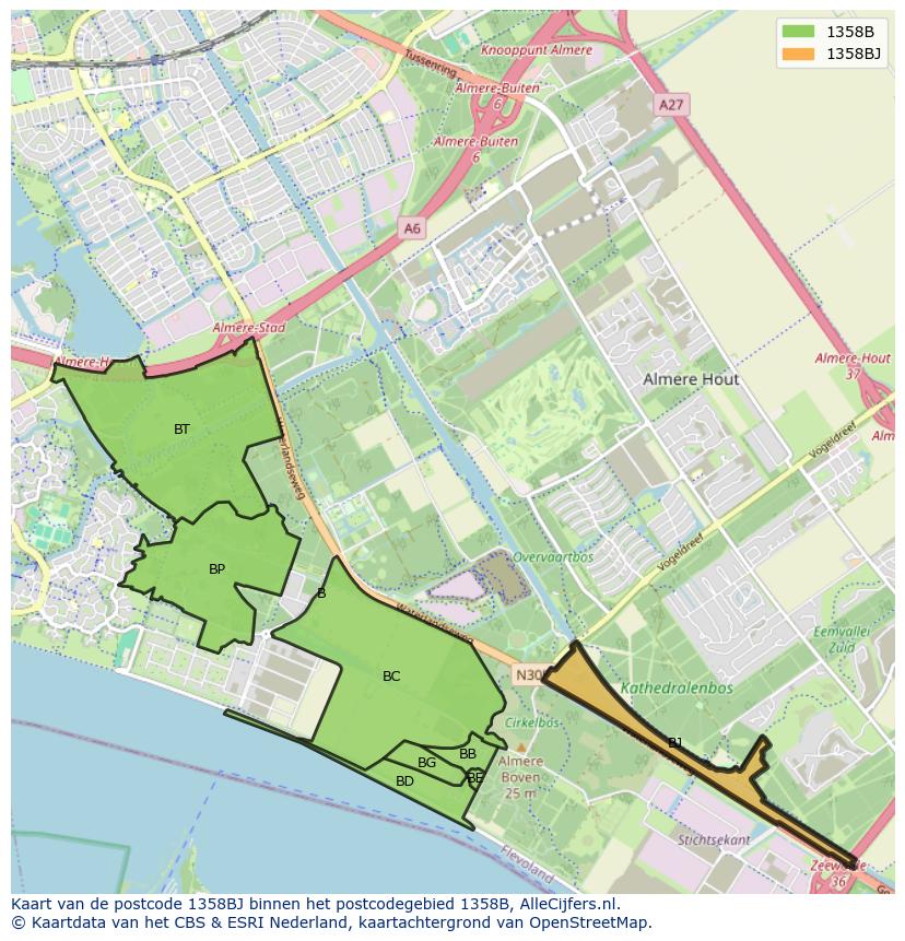 Afbeelding van het postcodegebied 1358 BJ op de kaart.