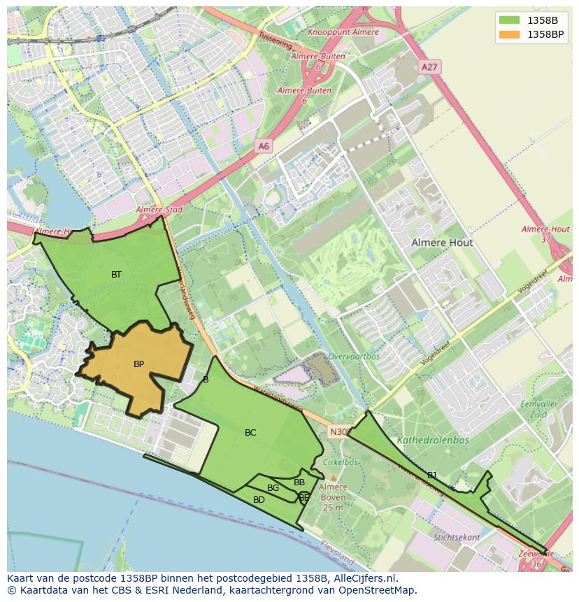 Afbeelding van het postcodegebied 1358 BP op de kaart.