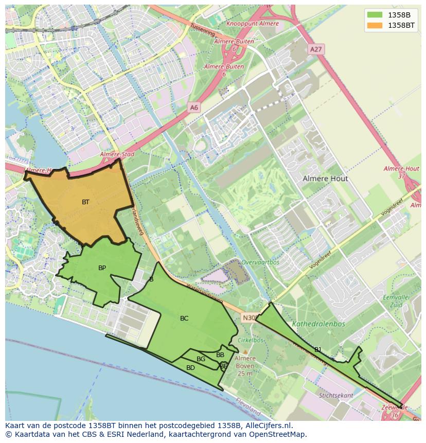 Afbeelding van het postcodegebied 1358 BT op de kaart.