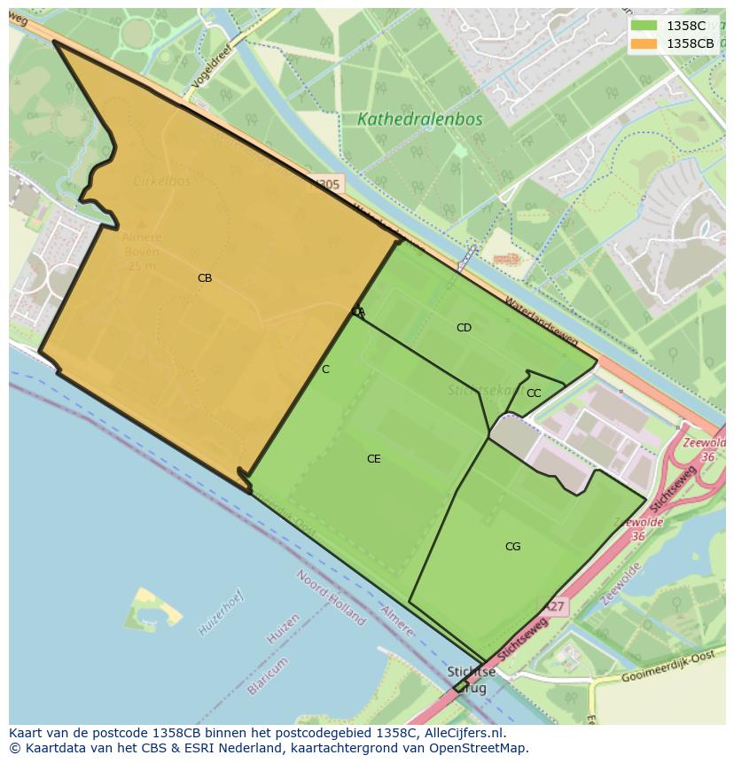 Afbeelding van het postcodegebied 1358 CB op de kaart.
