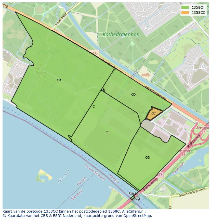 Afbeelding van het postcodegebied 1358 CC op de kaart.