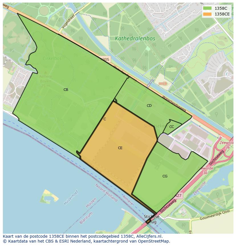 Afbeelding van het postcodegebied 1358 CE op de kaart.