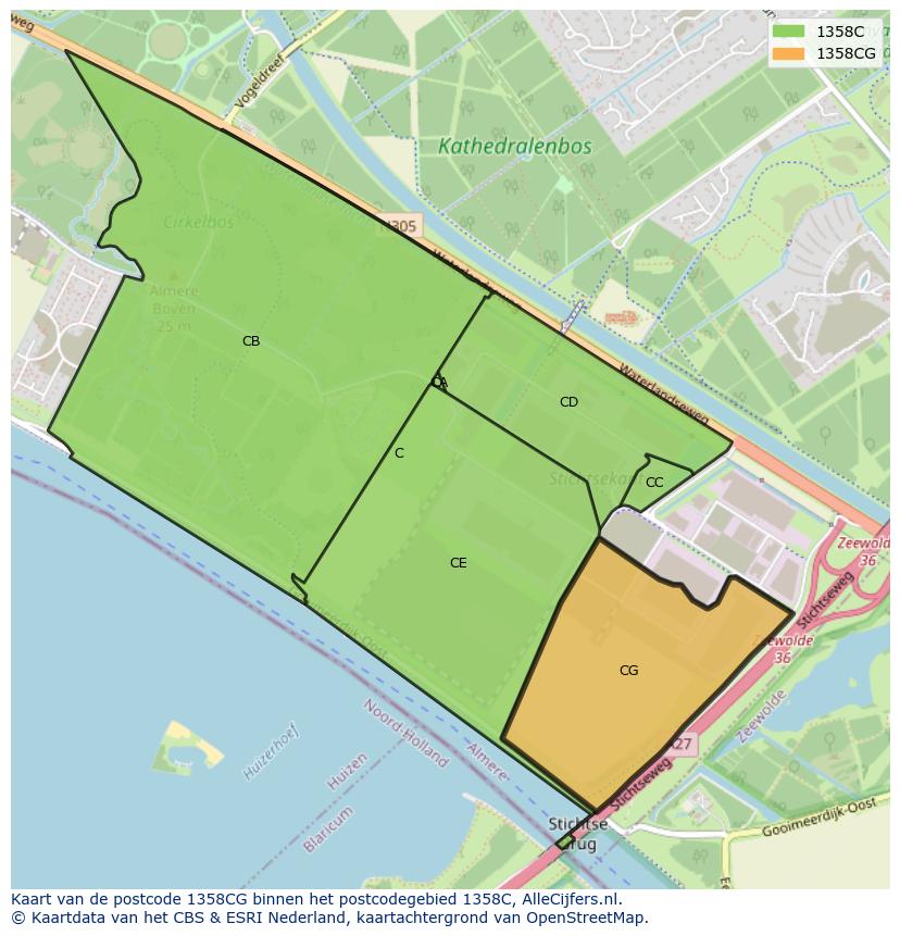 Afbeelding van het postcodegebied 1358 CG op de kaart.