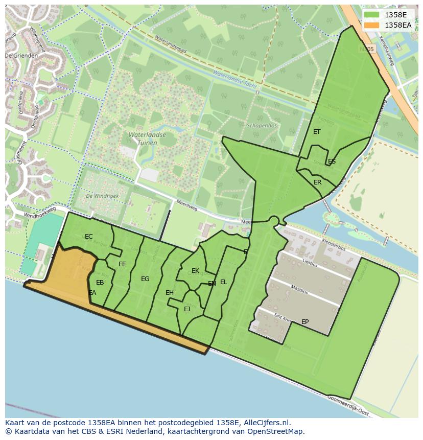 Afbeelding van het postcodegebied 1358 EA op de kaart.