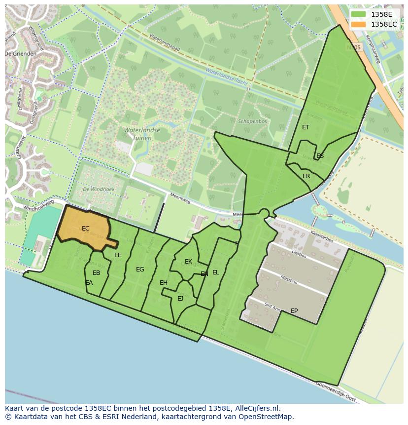 Afbeelding van het postcodegebied 1358 EC op de kaart.