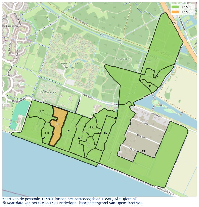 Afbeelding van het postcodegebied 1358 EE op de kaart.