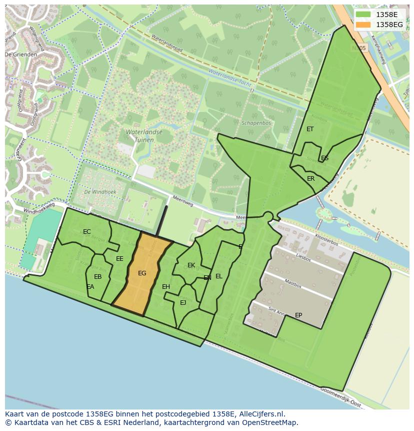 Afbeelding van het postcodegebied 1358 EG op de kaart.