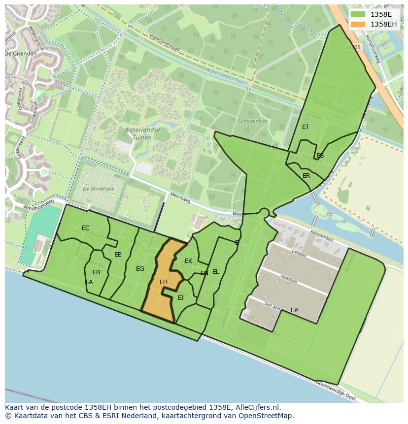 Afbeelding van het postcodegebied 1358 EH op de kaart.