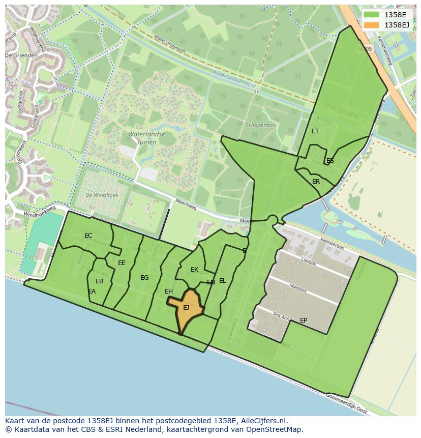 Afbeelding van het postcodegebied 1358 EJ op de kaart.