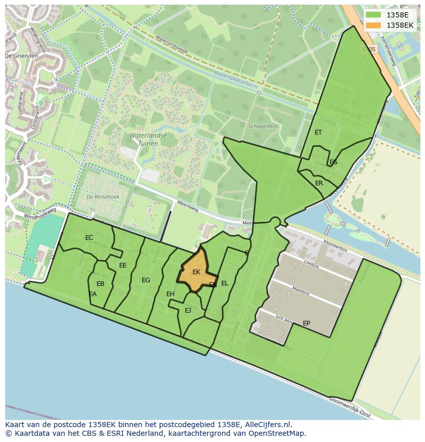 Afbeelding van het postcodegebied 1358 EK op de kaart.
