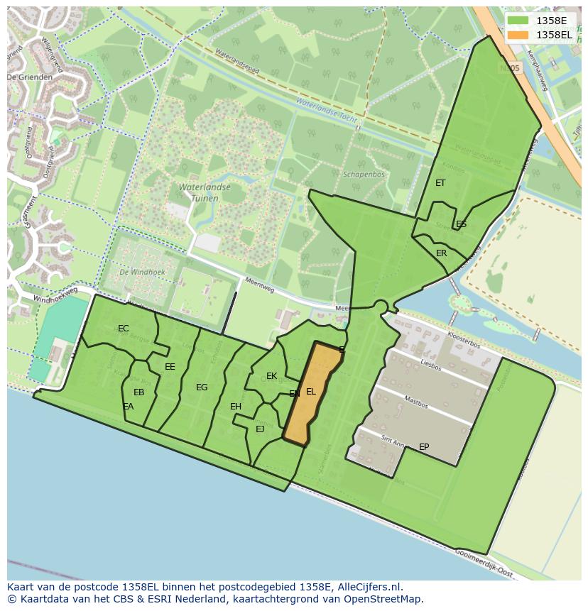 Afbeelding van het postcodegebied 1358 EL op de kaart.