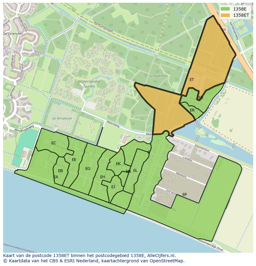 Afbeelding van het postcodegebied 1358 ET op de kaart.