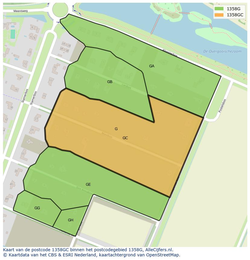 Afbeelding van het postcodegebied 1358 GC op de kaart.