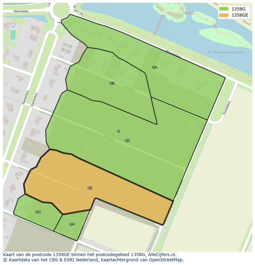 Afbeelding van het postcodegebied 1358 GE op de kaart.