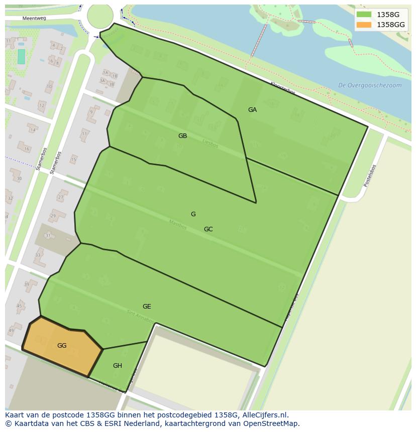 Afbeelding van het postcodegebied 1358 GG op de kaart.