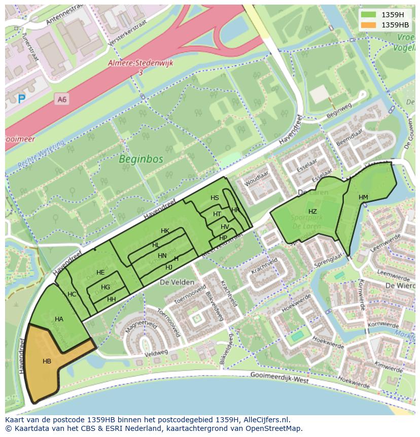 Afbeelding van het postcodegebied 1359 HB op de kaart.