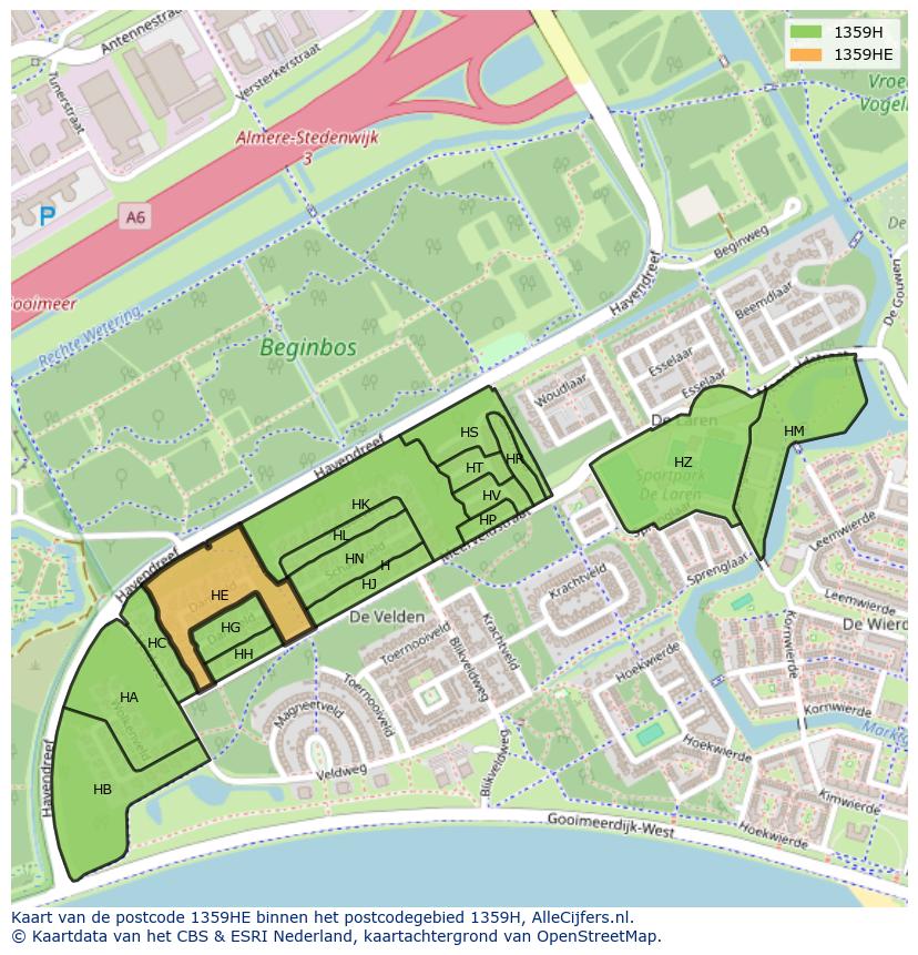 Afbeelding van het postcodegebied 1359 HE op de kaart.