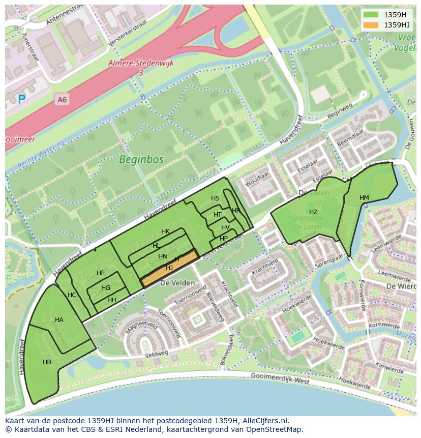 Afbeelding van het postcodegebied 1359 HJ op de kaart.