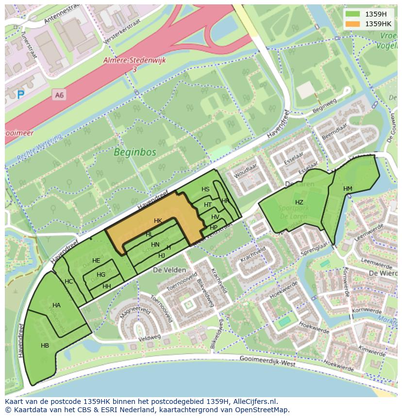 Afbeelding van het postcodegebied 1359 HK op de kaart.